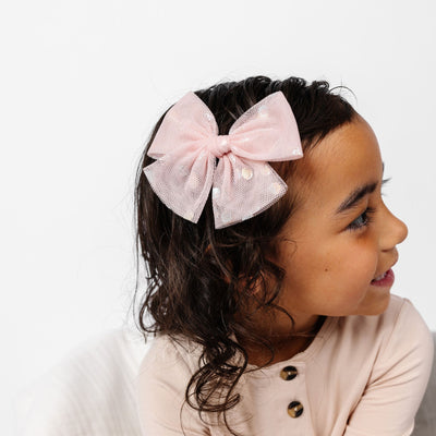 Tulle Bow - Blush Shimmer Dot Clip