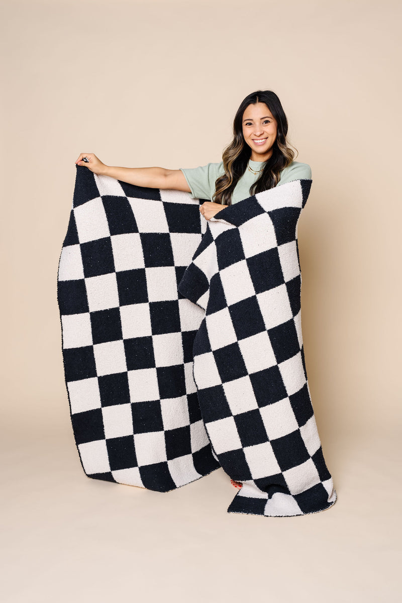 Chenille Blanket - Charcoal Check - Adult/Throw