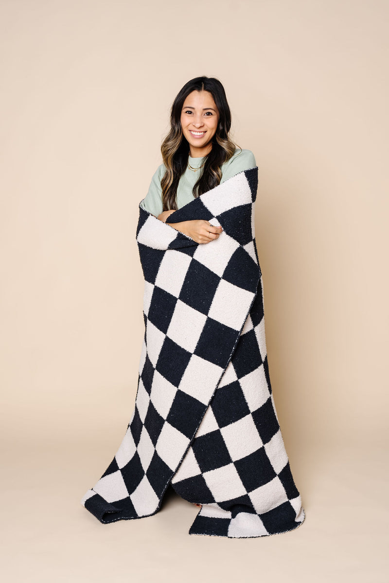 Chenille Blanket - Charcoal Check - Adult/Throw