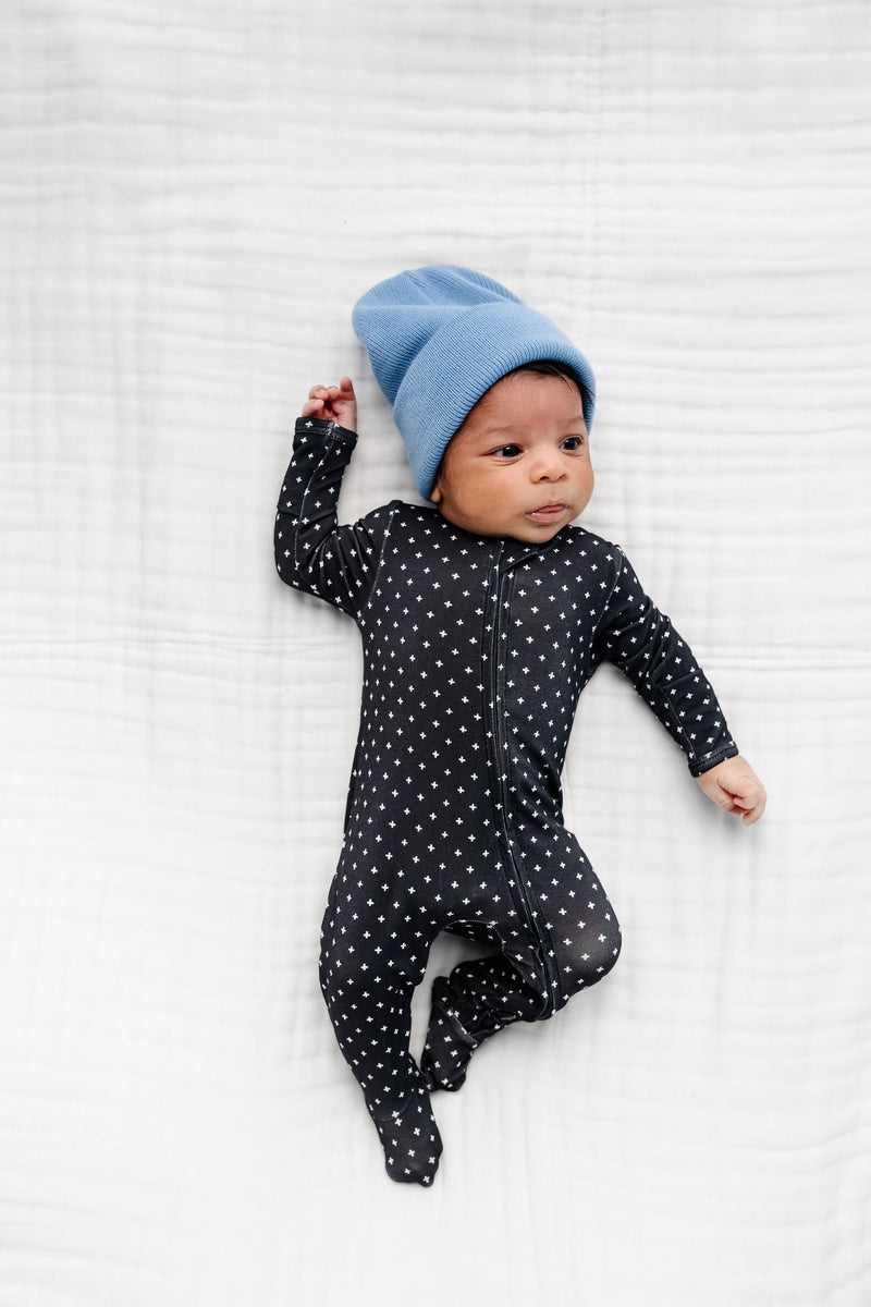 Briggs Zipper Footies Newborn Boy in Blue Beanie