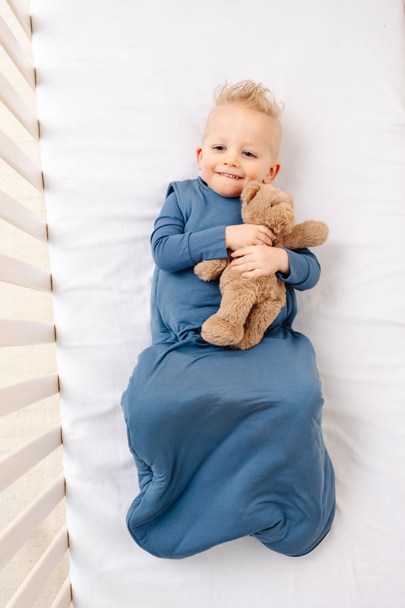 dean sleep sack toddler boy laying in crib with teddy bear