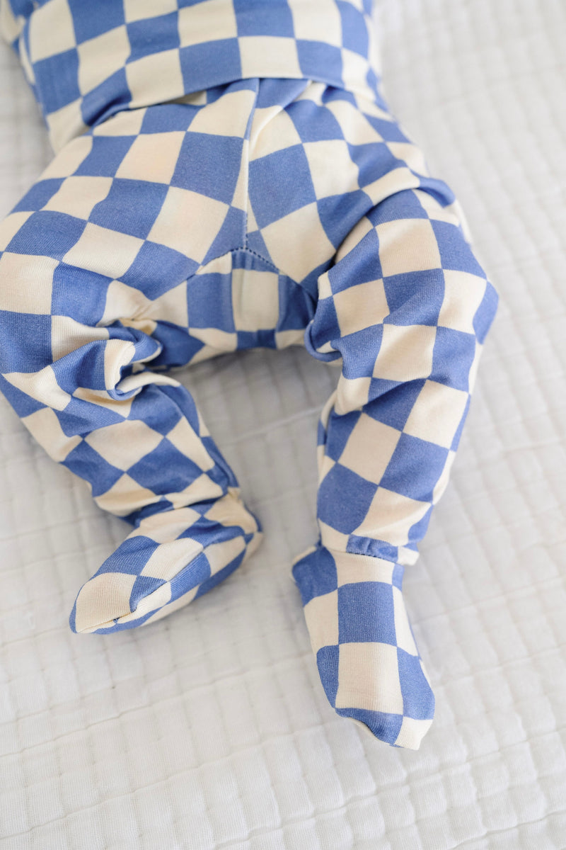 Jett blue check newborn boy Top and bottoms close up on footies