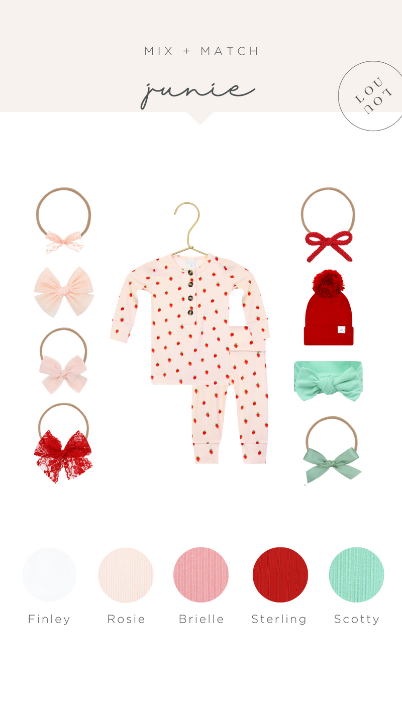 Junie mix and mach - mix and match these products with the junie strawberry print. bows and beanies