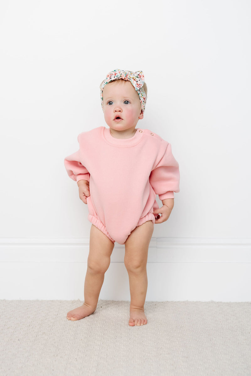 bubblegum sweatshirt romper toddler girl standing