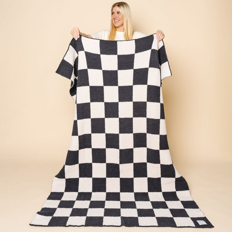 Chenille Blanket - Charcoal Check - Adult/Throw