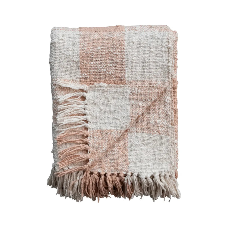 Hand-Woven Cotton Throw w/ Fringe - Pink