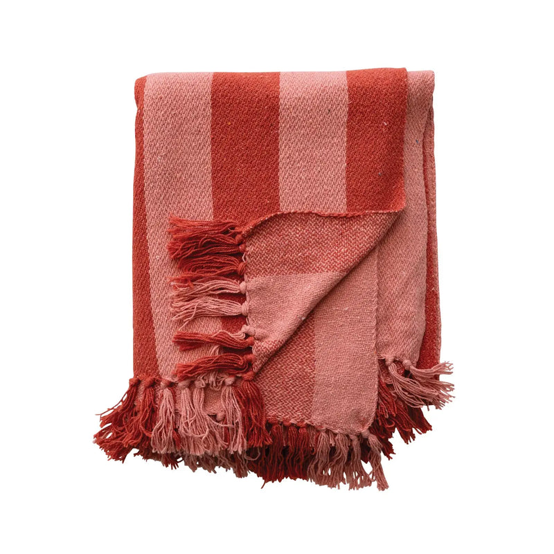 Woven Recycled Cotton Blend Throw with Stripes & Fringes - Pink and Red