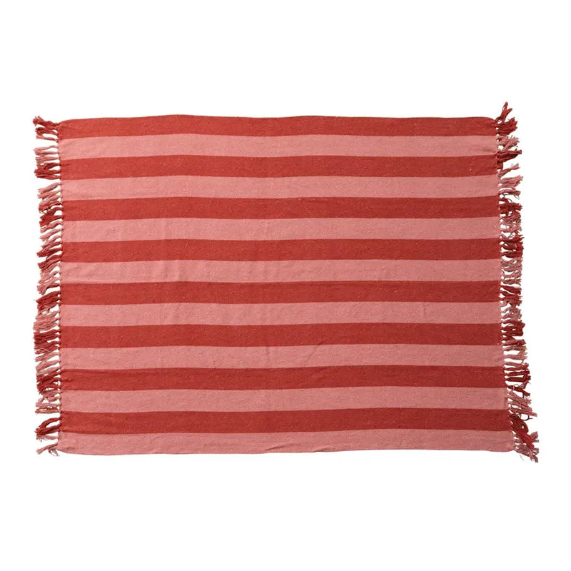 Woven Recycled Cotton Blend Throw with Stripes & Fringes - Pink and Red