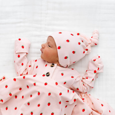 junie strawberry print top knot hat newborn girl with gown