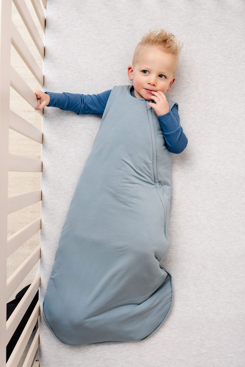 leo sleep sack toddler boy wearing 2T laying in crib