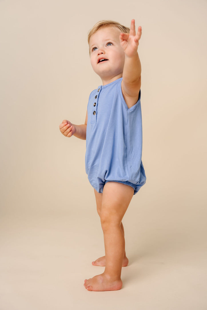 perry bubble romper toddler boy standing