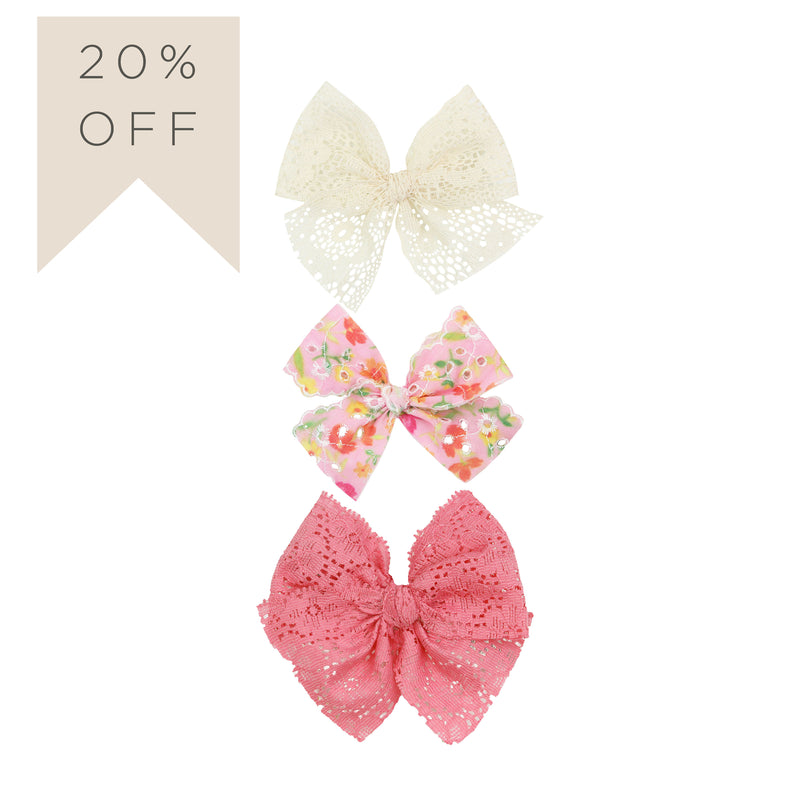 Lace Bow 3 Pack - Pink Floral Clips