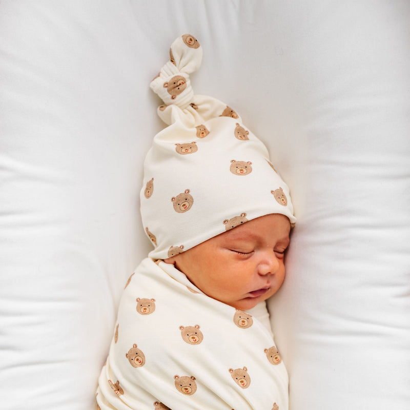 teddy top knot hat newborn boy bear print