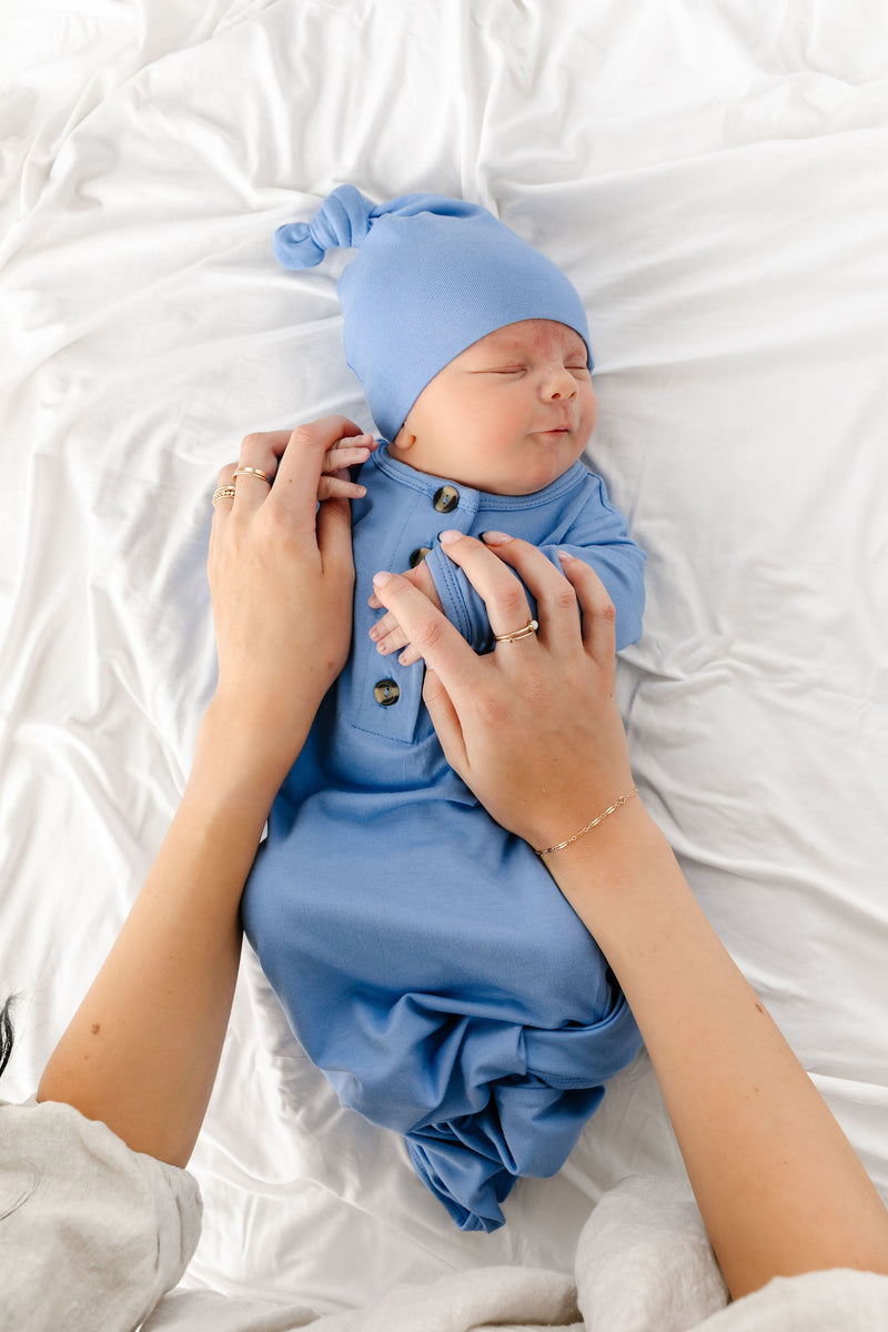 perry knotted gown newborn boy with matching top knot hat